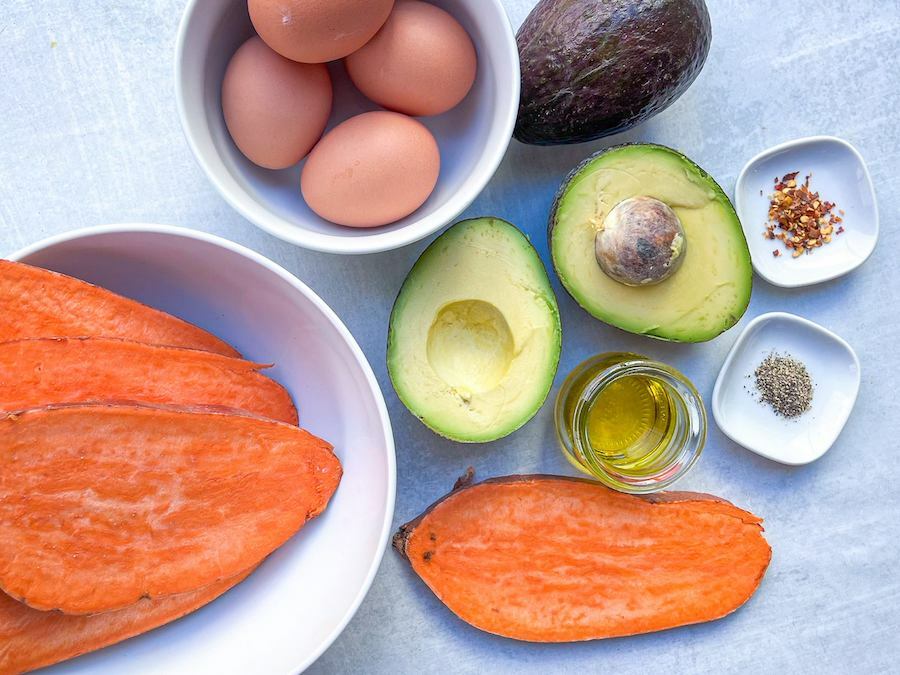 Ingredients for avocado sweet potato toast