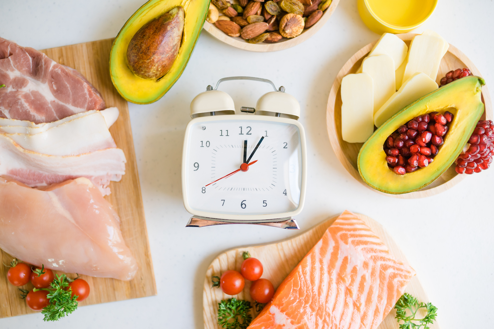 clock with ingredients around it