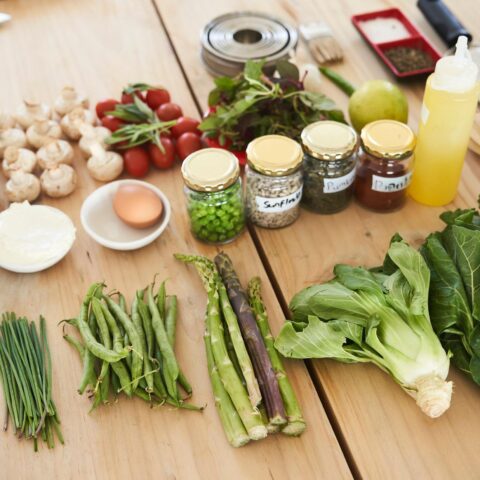 Plants and spices lined out on a table