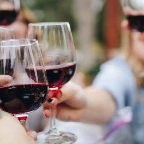 Group of people holding up glasses of red wine.