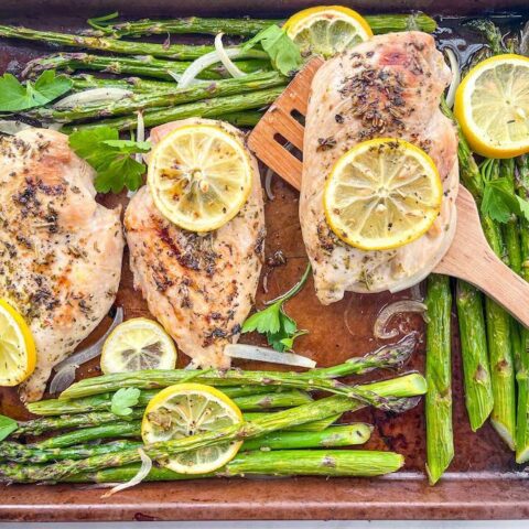 Close-up of sheet pan lemon chicken