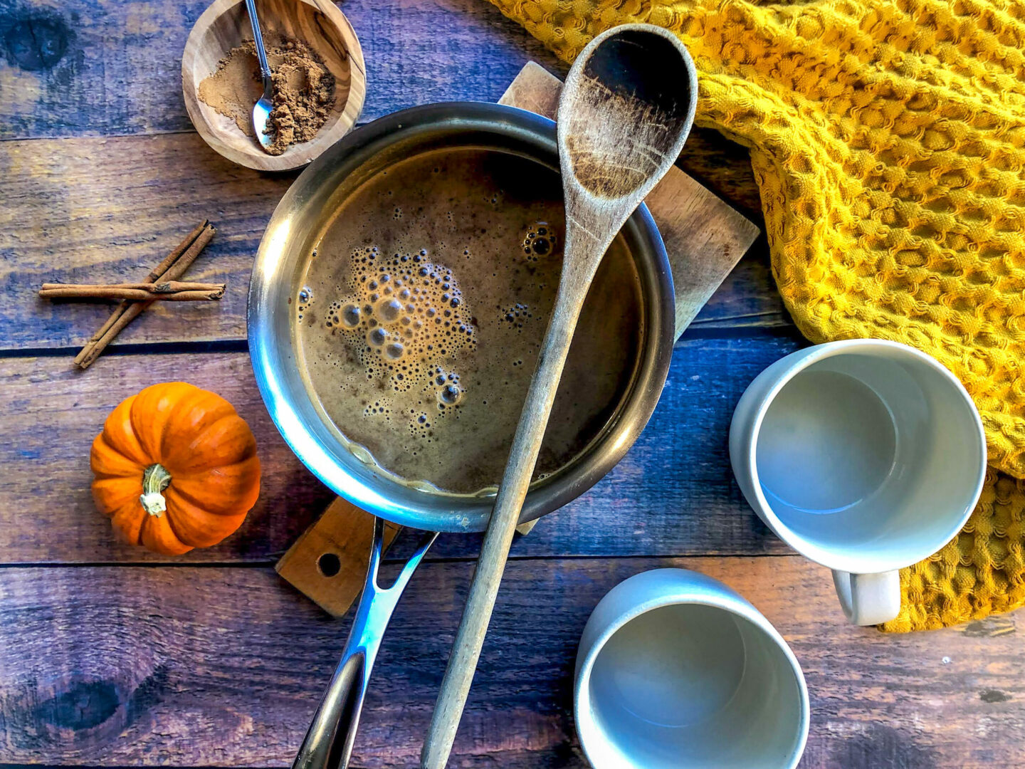 Pumpkin spice latte prepped in a saucepan