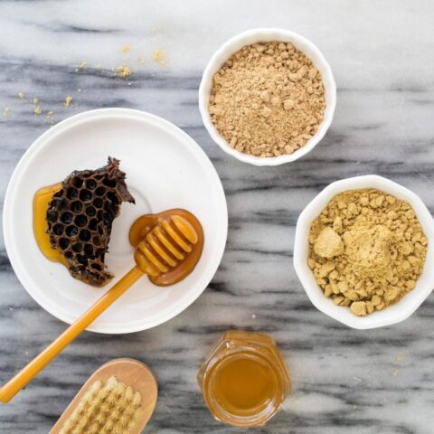 Small bowls of natural sweeteners and sugars.