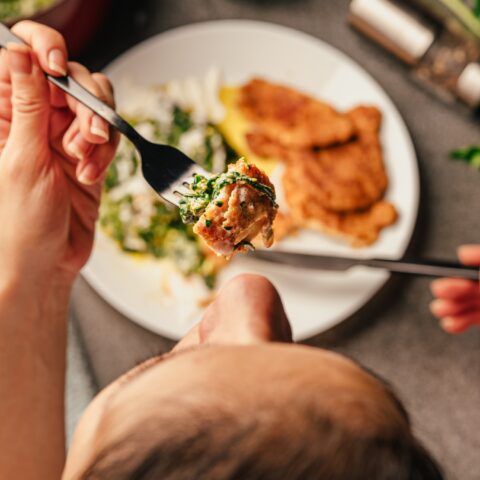 Point-of-view of a person eating a healthy chicken dinner